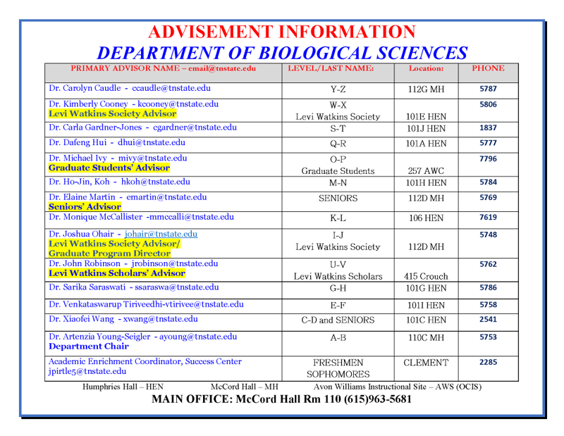 Advisement Schedule Table-Fall 2025